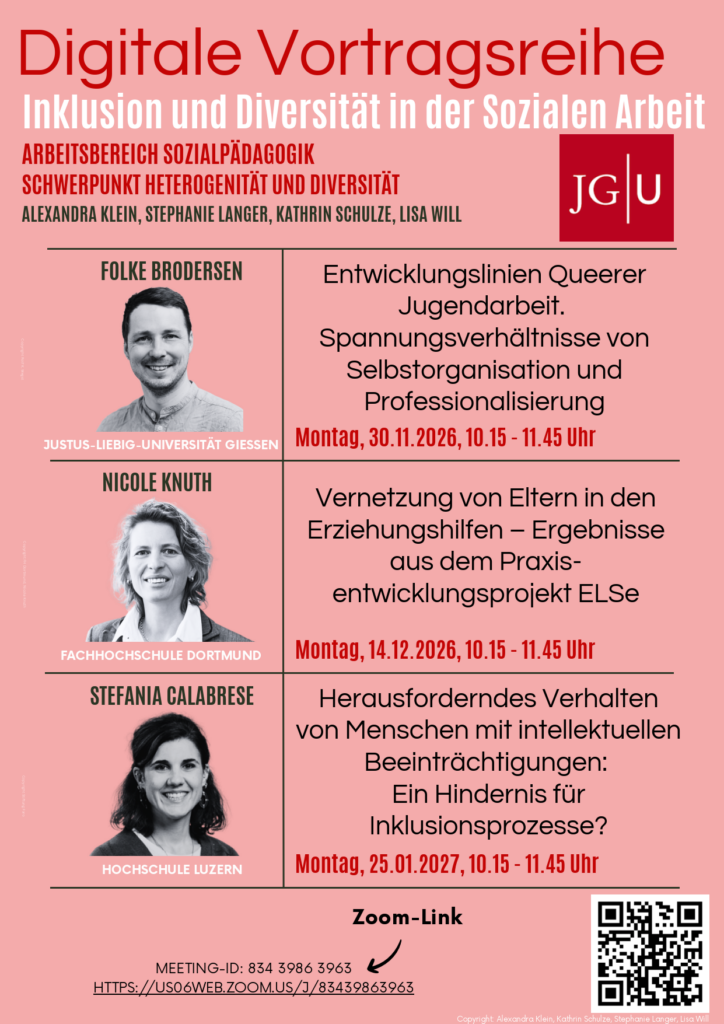 Plakat Ankündigung Vortragsreihe Inklusion & Diversität in der Sozialen Arbeit WiSe 26/27